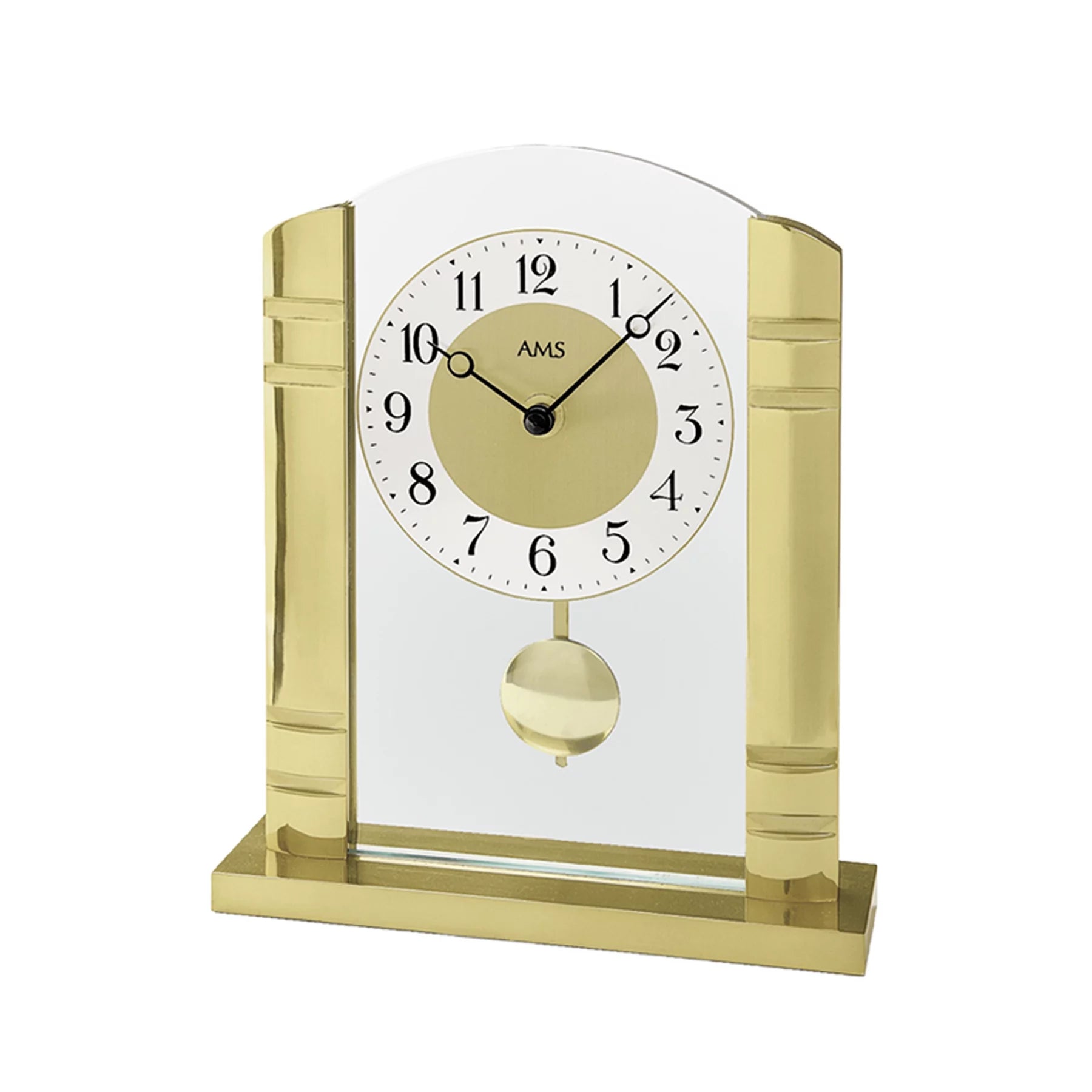 Horloge de table avec balancier, boîtier doré et verre minéral, cadran blanc, affichage rond