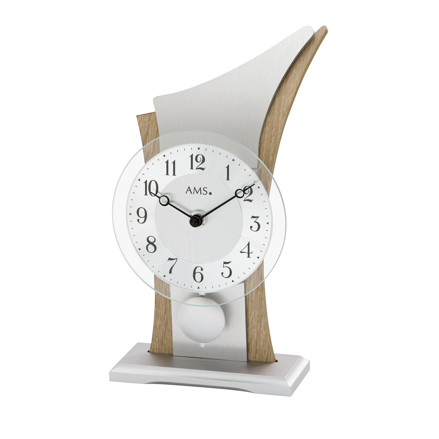 Horloge de table avec cadran blanc, façade en verre et support en bois courbé