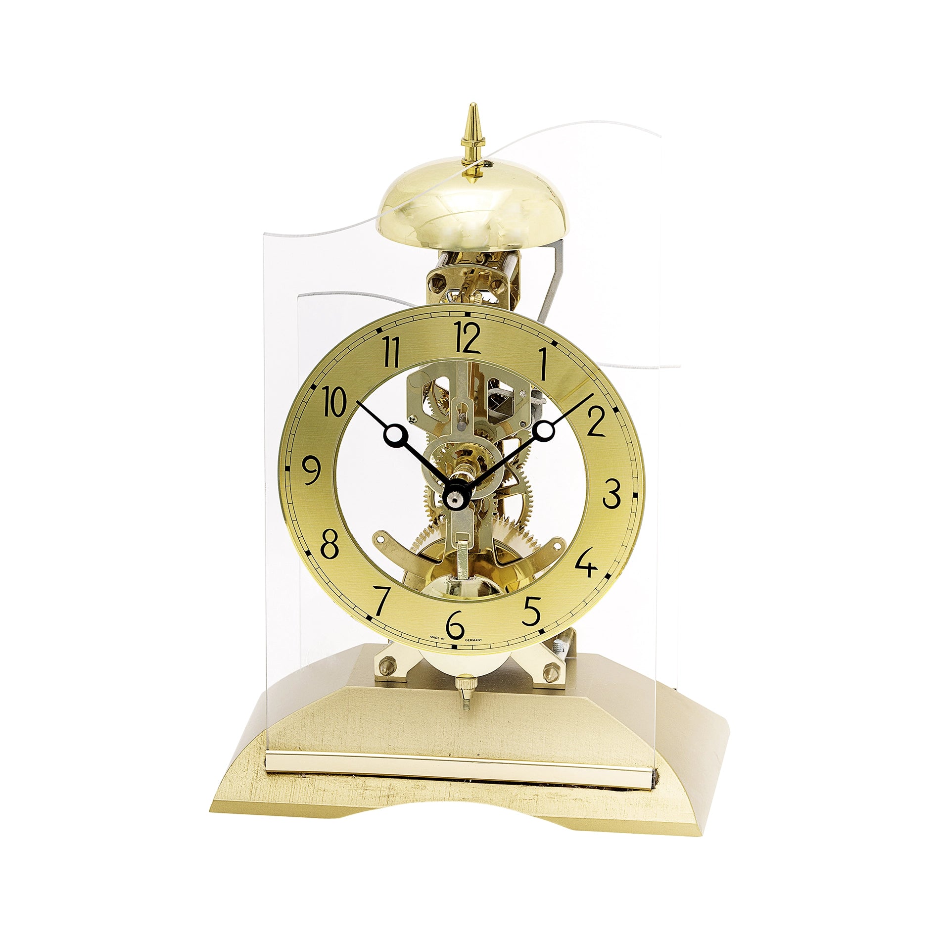 Horloge de table dorée avec mouvement squelette, cloche sur le dessus, chiffres ronds