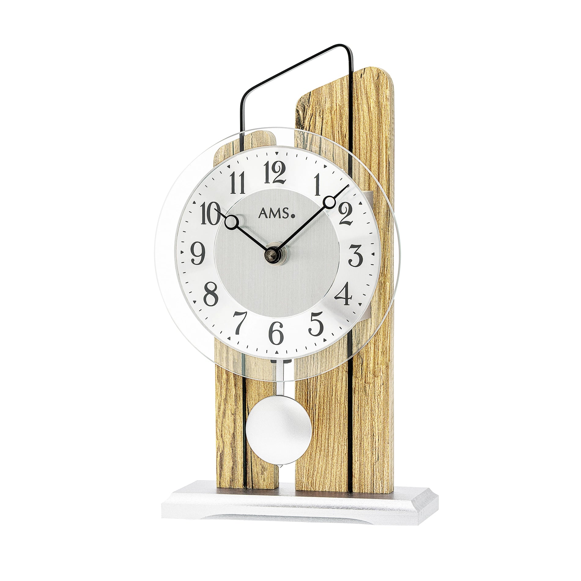 Horloge de table avec cadran rond en verre, AMS et boîtier en bois de chêne sauvage