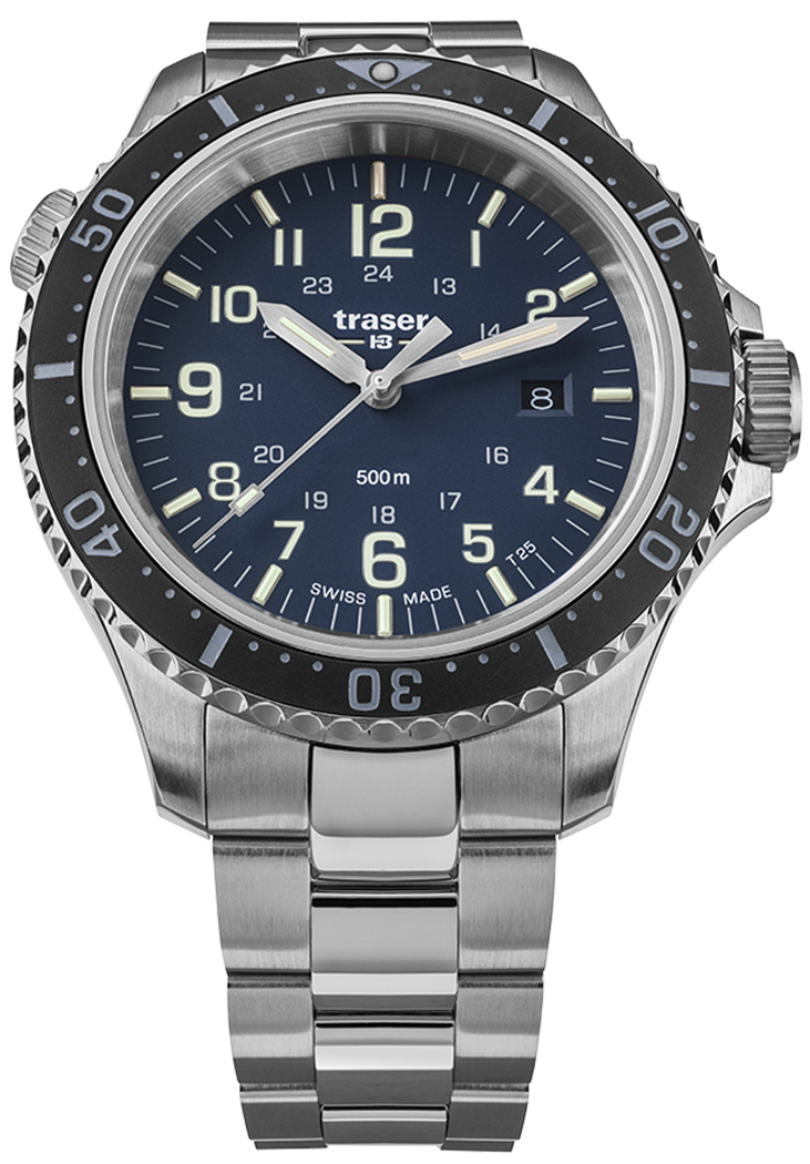 Traser H3 P67 Diver Herrenuhr mit blauem Zifferblatt, Stahlband und Drehlünette