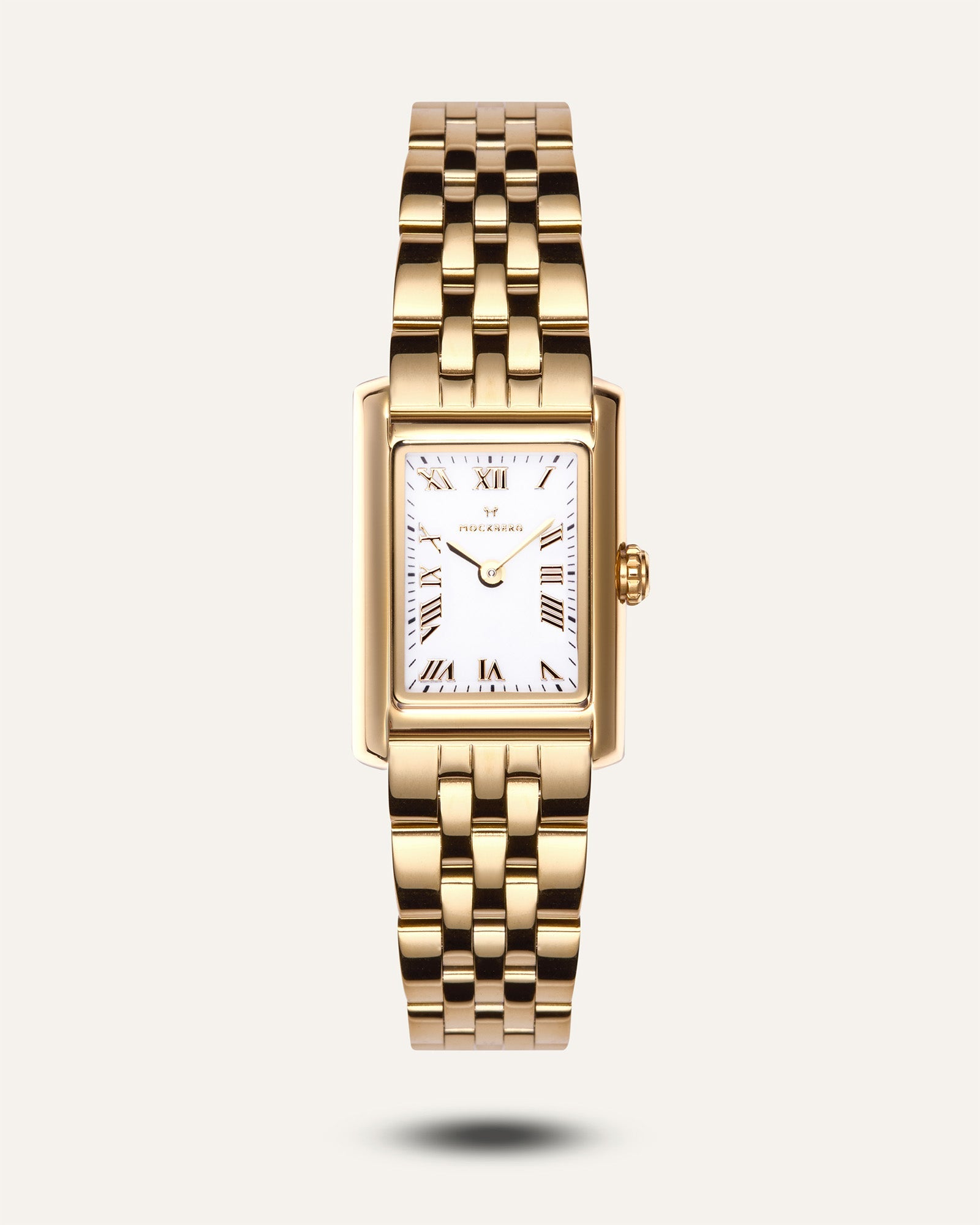 Goldfarbene Damen-Armbanduhr mit rechteckigem Ziffernblatt und römischen Ziffern, Metallband