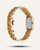Goldfarbene Armbanduhr-Rückseite am Metallarmband, rechteckiges Gehäuse