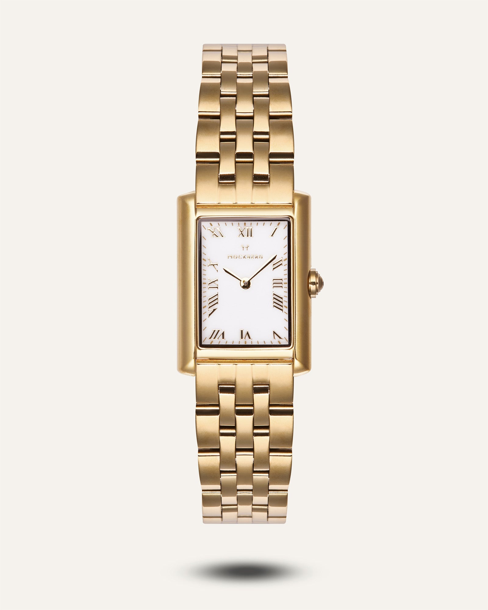 Mockberg Damen-Armbanduhr mit goldfarbenem Metallarmband und rechteckigem Zifferblatt, römische Zahlen