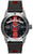 Montre homme avec cadran noir, accents rouges, bracelet en cuir noir et boîtier en acier inoxydable