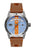 Herrenarmbanduhr mit braunem Lederarmband, blauem Zifferblatt, seitlicher Krone