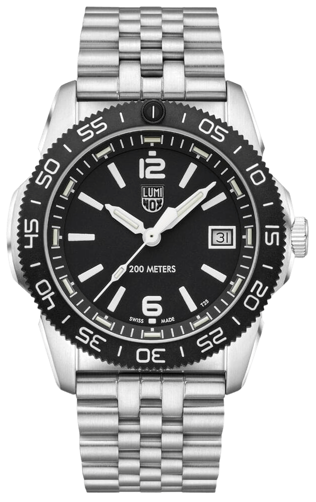 Montre homme avec cadran noir, bracelet en acier inoxydable argenté et lunette tournante de plongée
