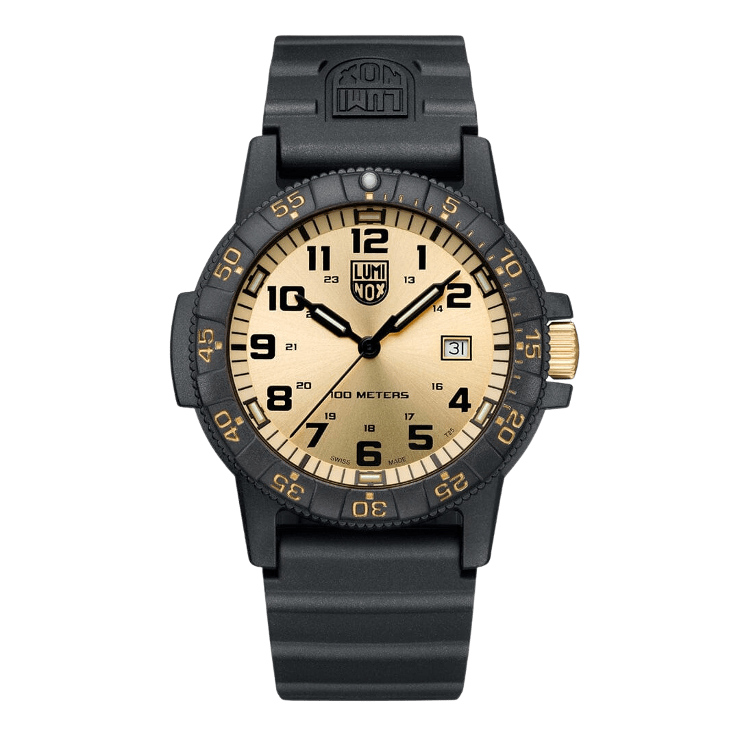 Bracelet de montre pour homme avec cadran beige, lunette noire et bracelet en caoutchouc noir