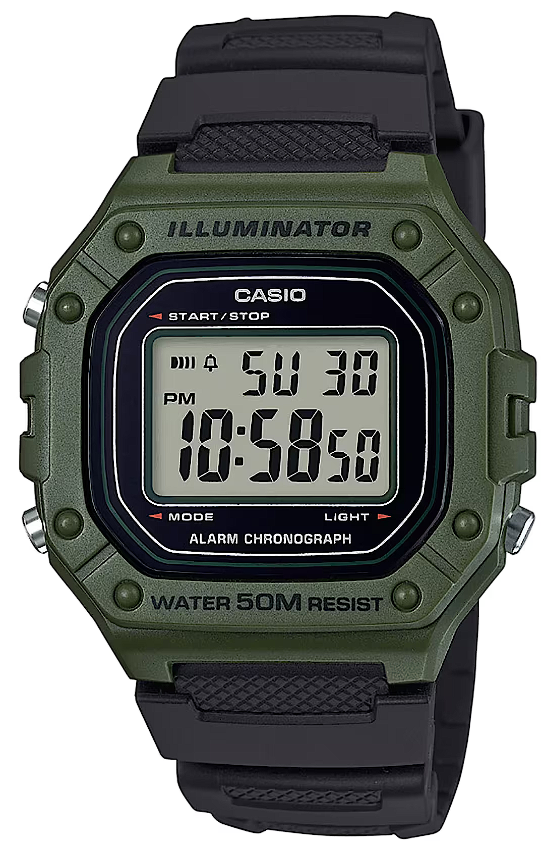 Montre numérique Casio Vintage avec boîtier vert, bracelet noir et affichage numérique