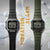 Casio Herren-Digitaluhr Schwarz mit Vibrationsalarm, neben grüner Digitaluhr