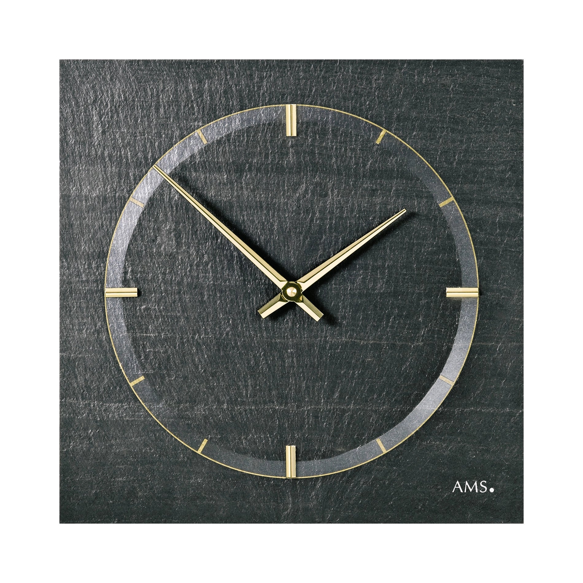 Horloge murale avec cadran rond en ardoise naturelle, aiguilles et index dorés