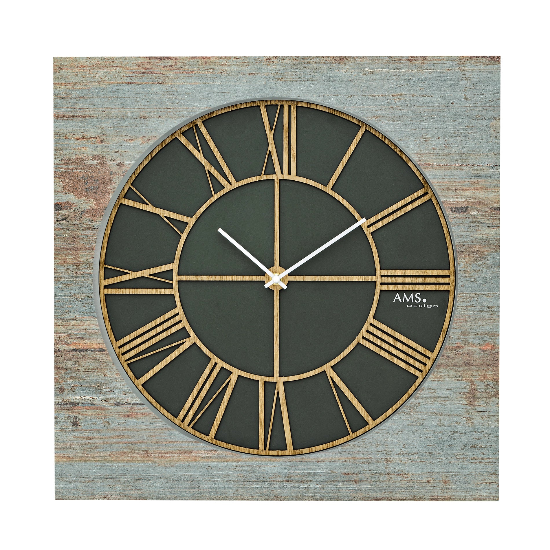 Horloge murale avec boîtier en bois, cadran gris foncé et design laqué doré