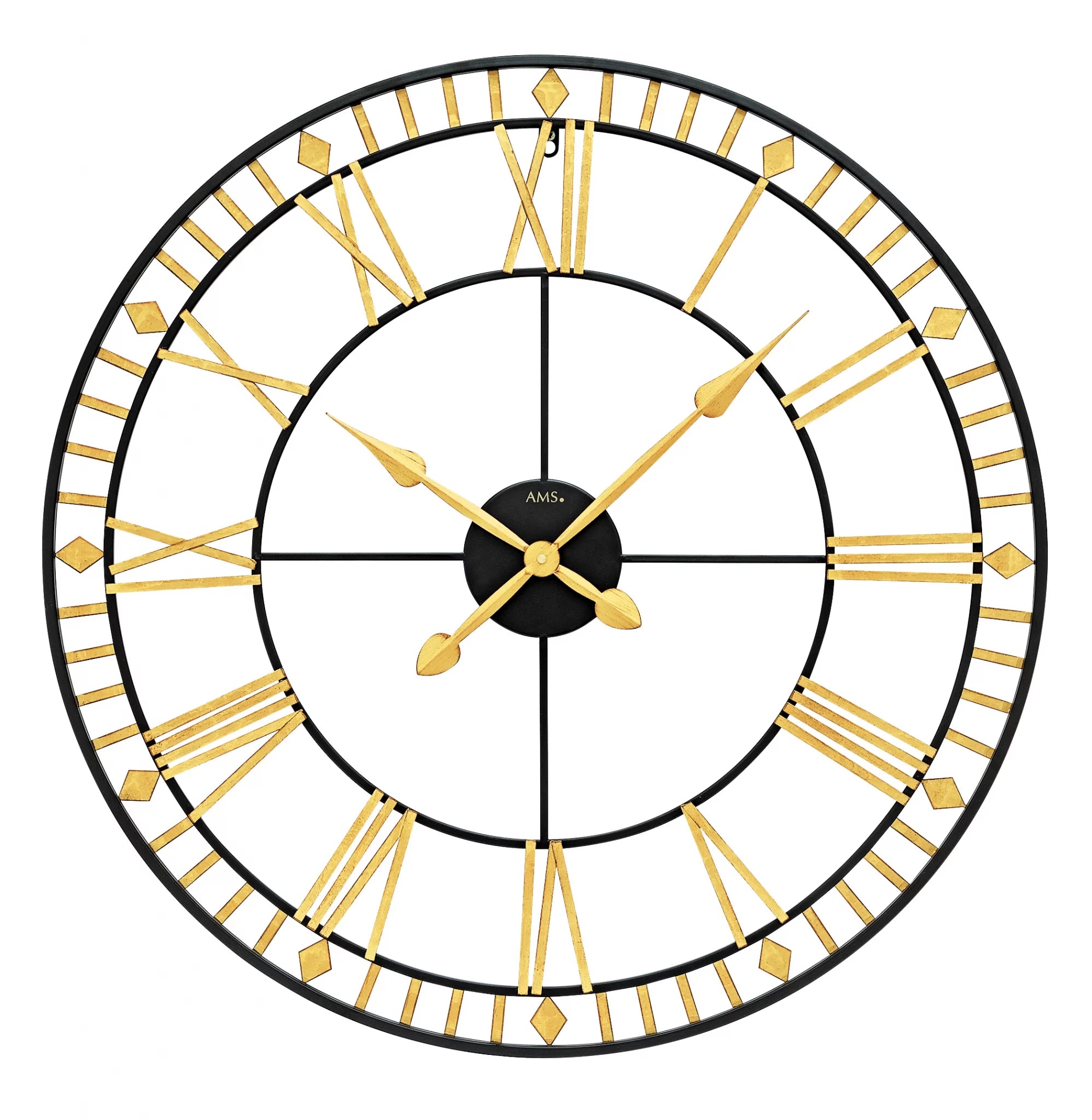 Horloge murale AMS en quartz, Ø80 cm, cadre noir, chiffres et aiguilles dorés