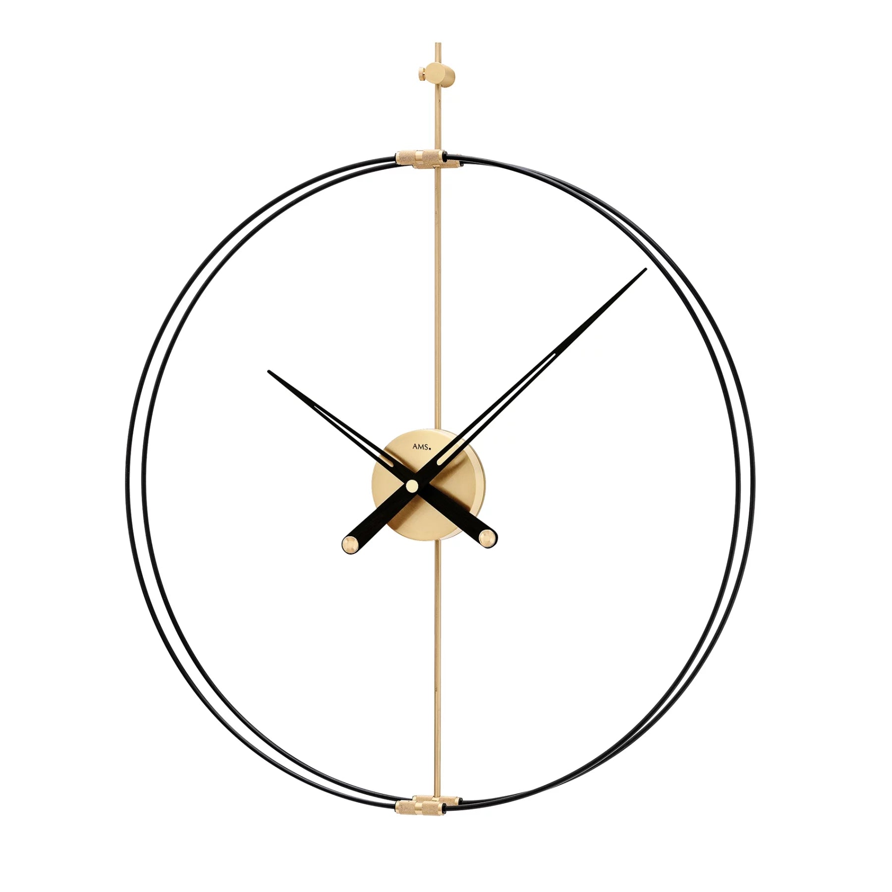 Horloge murale avec suspension dorée, cadre noir et cadran doré