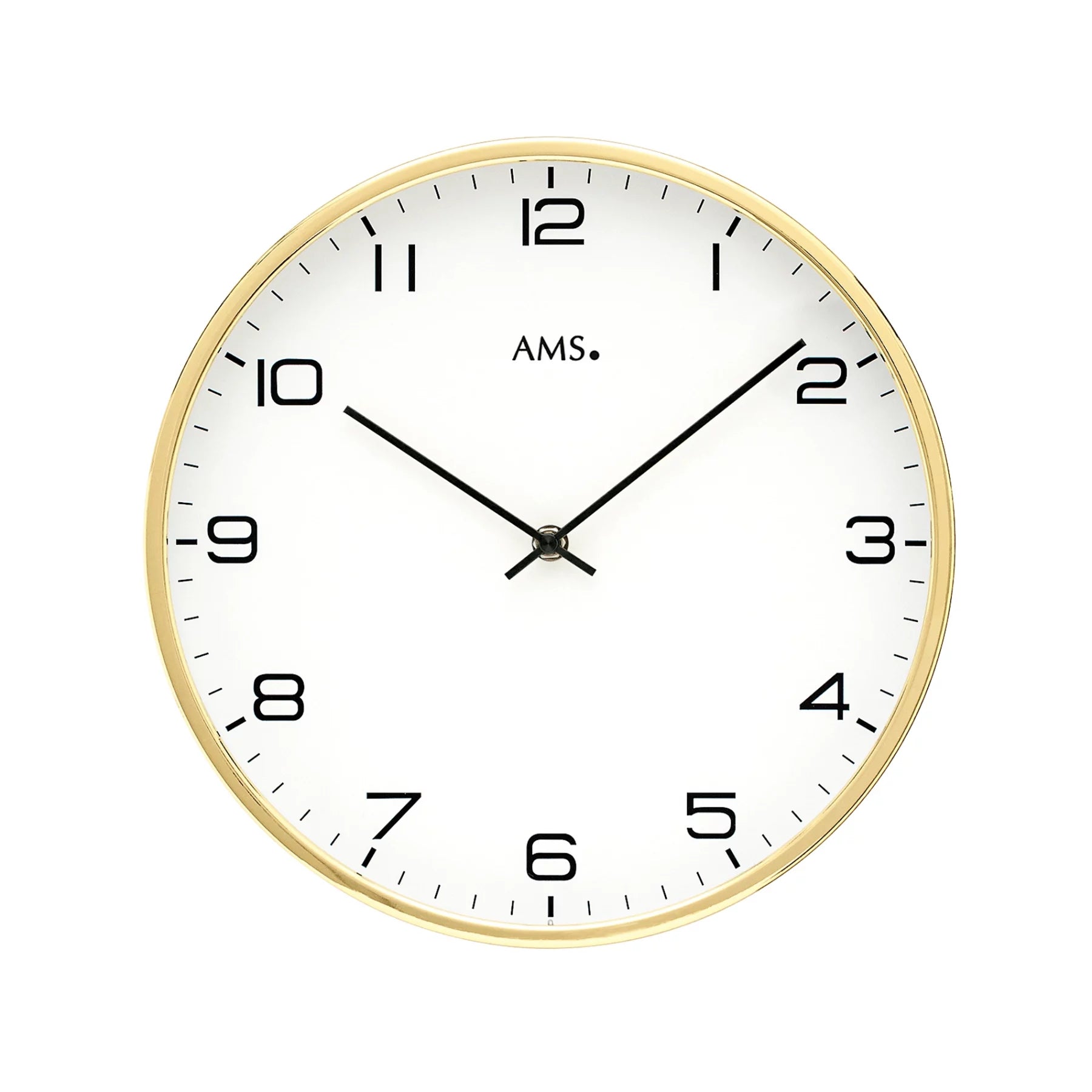 Horloge murale avec boîtier métallique doré, cadran blanc et aiguilles noires