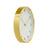Horloge murale avec boîtier métallique doré vu de profil et cadran blanc