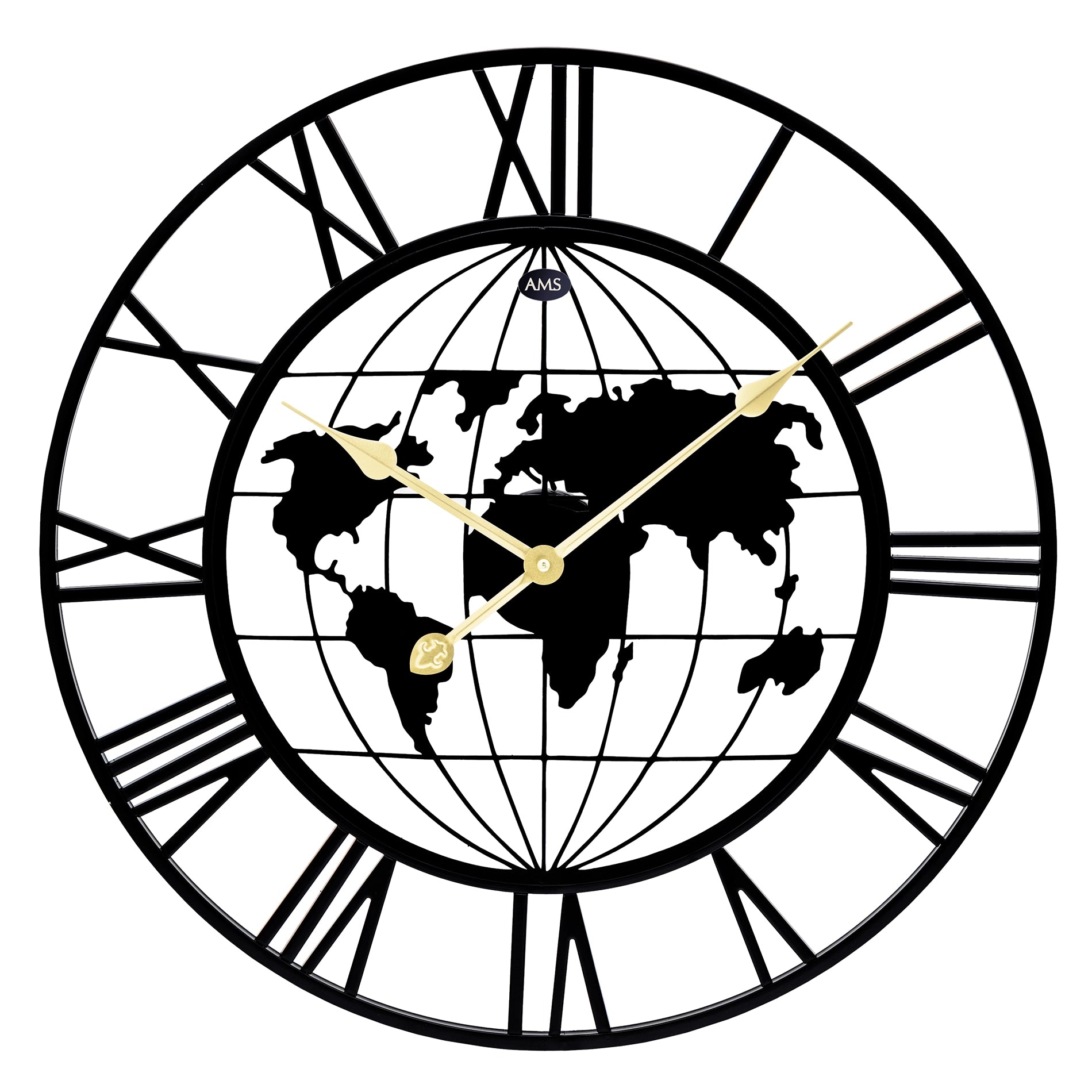 Horloge murale avec boîtier XXL en métal et motif carte du monde, cadran à chiffres romains, aiguilles dorées