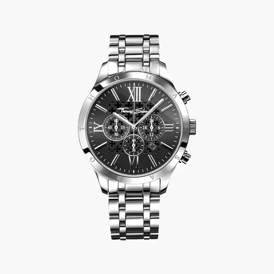 Herren-Chronograph mit silbernem Metallarmband und schwarzem Zifferblatt