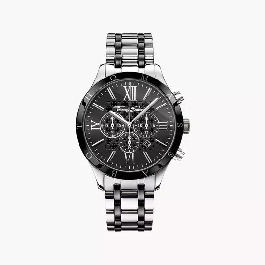 Herren-Chronograph mit schwarzem Zifferblatt, Edelstahlarmband und Saphirglas