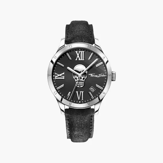 Thomas Sabo Herrenuhr: schwarzes Zifferblatt mit Totenkopf, Lederarmband.