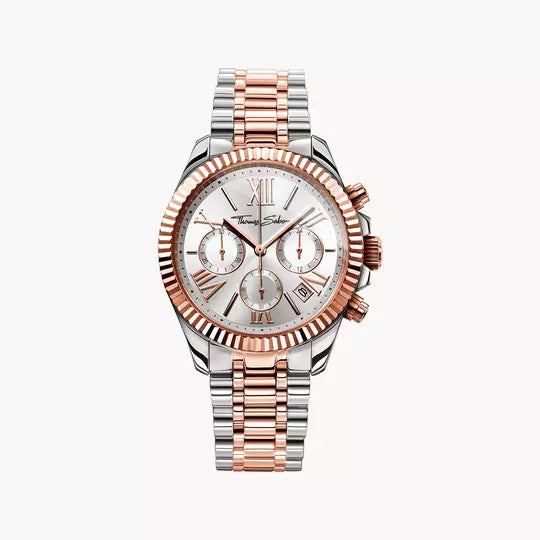 Bicolor Chronograph-Armbanduhr mit silbernem und roséfarbenem Metallband, rundem Zifferblatt