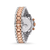 Bicolor Armbanduhr in Seitenansicht mit roséfarbenen und silbernen Gliedern, Chronograph