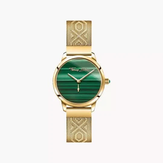 Goldfarbene Damenuhr mit grünem Malachit-Zifferblatt und Milanaise-Armband.