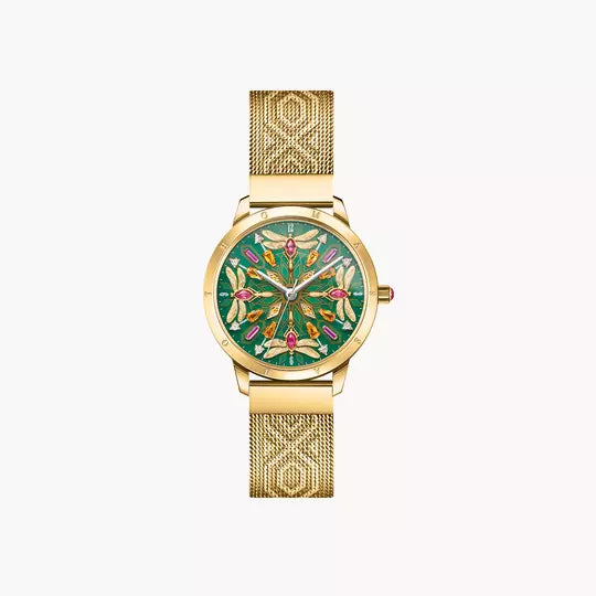 Thomas Sabo Damenarmbanduhr mit grünem Libellenmotiv und goldfarbenem Milanaise-Band