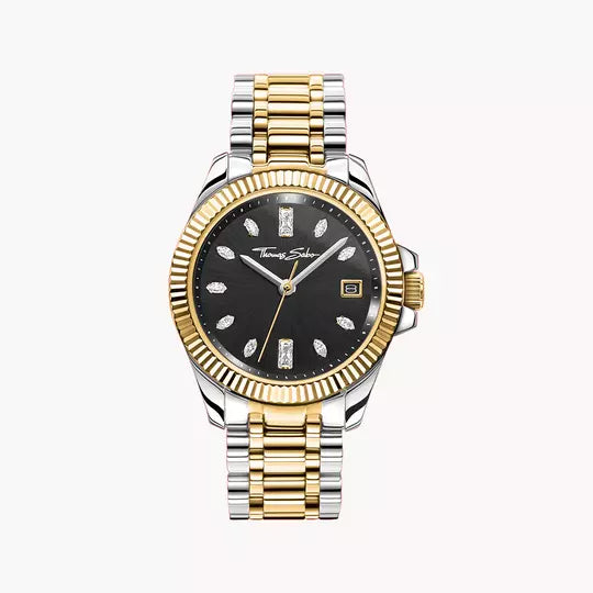 Bicolor Damenarmbanduhr mit schwarzem Zifferblatt, Zirkonia-Index und Metallarmband