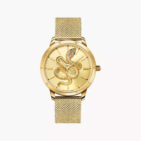 Damenuhr mit goldfarbenem Milanaise-Armband und rundem Zifferblatt mit Schlangendetail