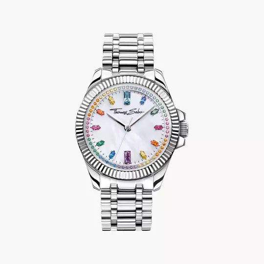 Damenuhr mit silberfarbenem Metallarmband und Regenbogen-Zirkonia auf dem Zifferblatt