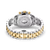 Rückseite einer zweifarbigen Armbanduhr mit Metallarmband aus Stahl und Gelbgold-Optik