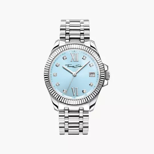 Thomas Sabo Damenuhr mit silbernem Metallarmband und blauem Zifferblatt, römische Ziffern