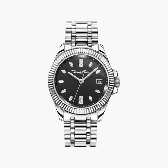 Thomas Sabo Damenarmbanduhr mit schwarzem Zifferblatt und Metallband, rundes Gehäuse