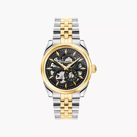 Bicolor-Herrenuhr mit schwarzem Zifferblatt, goldfarbenen Akzenten und Edelstahlarmband