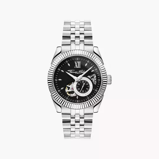 Herrenarmbanduhr mit silberfarbenem Edelstahlband und schwarzem Zifferblatt, Automatik