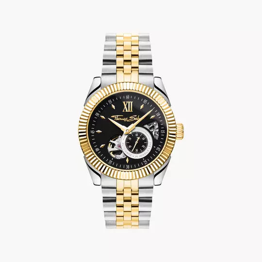 Zweifarbige Herrenarmbanduhr: goldene Lünette, schwarzes Zifferblatt, Edelstahlband