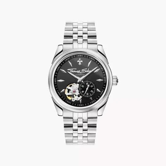 Silberne Automatikuhr mit Metallarmband und schwarzem Zifferblatt