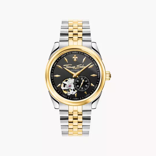 Bicolor-Armbanduhr Thomas Sabo mit schwarzem Zifferblatt und Edelstahlarmband, Automatik