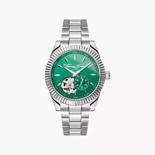 Damenarmbanduhr mit smaragdgrünem Zifferblatt, Metallarmband und Ziffernring