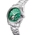 Damenarmbanduhr mit smaragdgrünem Zifferblatt, geriffelter Lünette, Edelstahlarmband