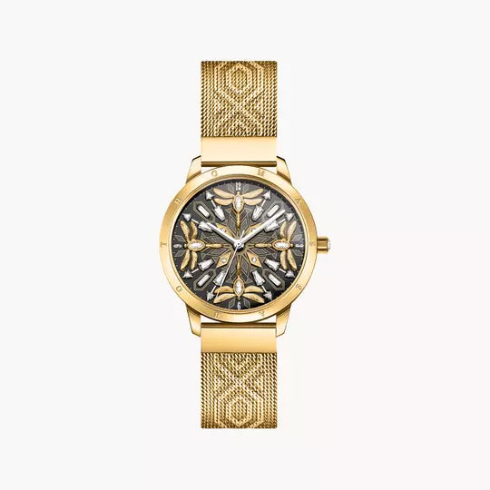 Thomas Sabo Damenuhr mit schwarzem Zifferblatt, goldfarbenem Milanaiseband und Krone