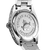 Silberfarbene Armbanduhr mit graviertem Gehäuse und sichtbarer Rückseite