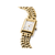 Goldfarbene Damenuhr mit rechteckigem Zifferblatt und Gliederarmband, Krone seitlich