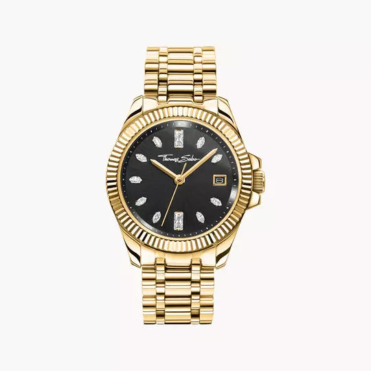 Thomas Sabo Damenuhr mit schwarzem Zifferblatt und goldfarbenem Edelstahlarmband