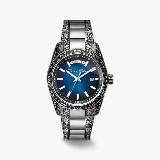 Herrenarmbanduhr: Mitternachtsblaues Zifferblatt, graviertes Edelstahlgehäuse