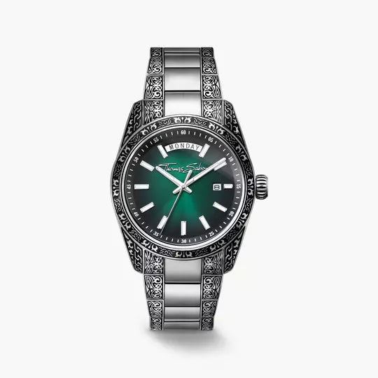 Herren-Armbanduhr mit dunklem Zifferblatt, silbernem Metallband und erhabenem Design