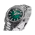 Herren-Armbanduhr mit grünem Zifferblatt, silbernem Metallgehäuse und Schmuckgravur
