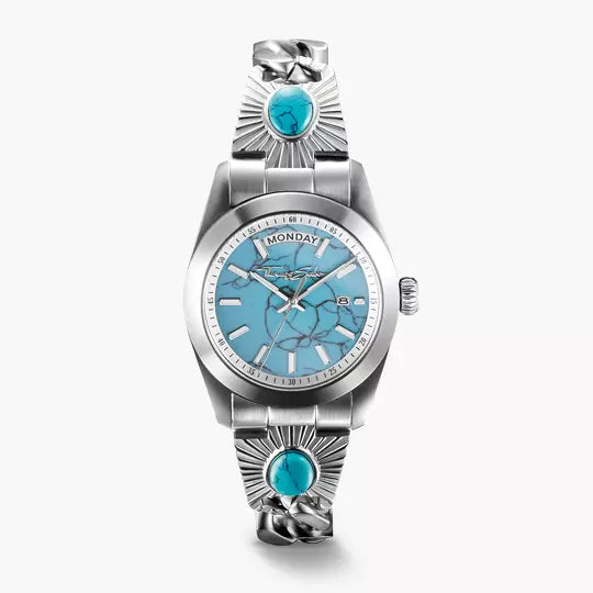 Türkisfarbene Damenarmbanduhr mit silbernem Edelstahlband und blauem Zifferblatt