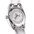 Rückseite einer silbernen Armbanduhr mit Gravur und Armbandgliedern